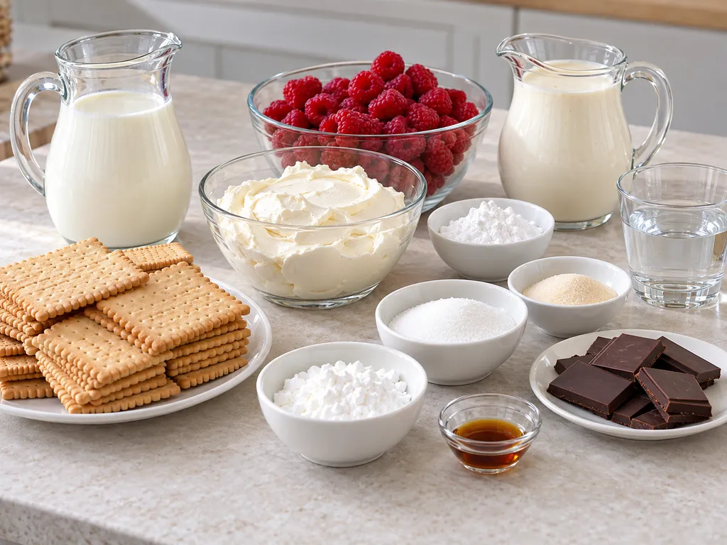 Herbatniki, maliny, mleko, mascarpone i pozostałe składniki malinowego 3 Bita