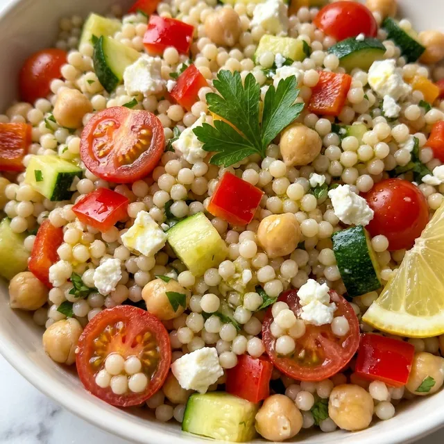 Bowl of couscous with roasted vegetables, chickpeas, feta and parsley