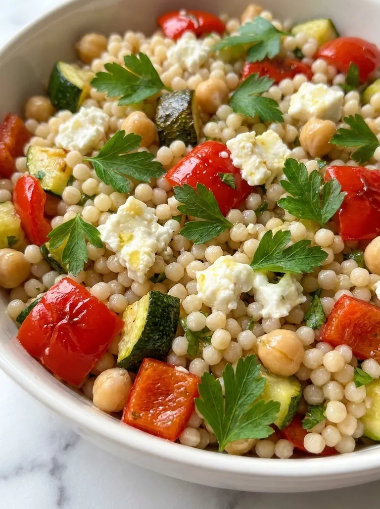 Close-up bowl of couscous with vegetables, chickpeas and crumbled feta