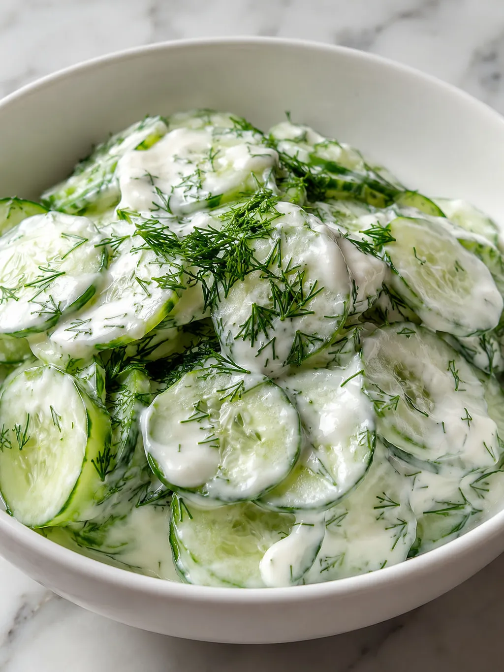 Sour cream being folded into sliced cucumbers with dill in a mixing bowl