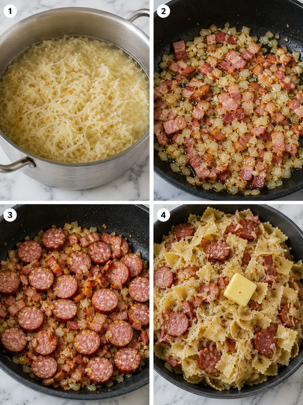 Four steps of making Polish łazanki from simmering sauerkraut to tossing with pasta