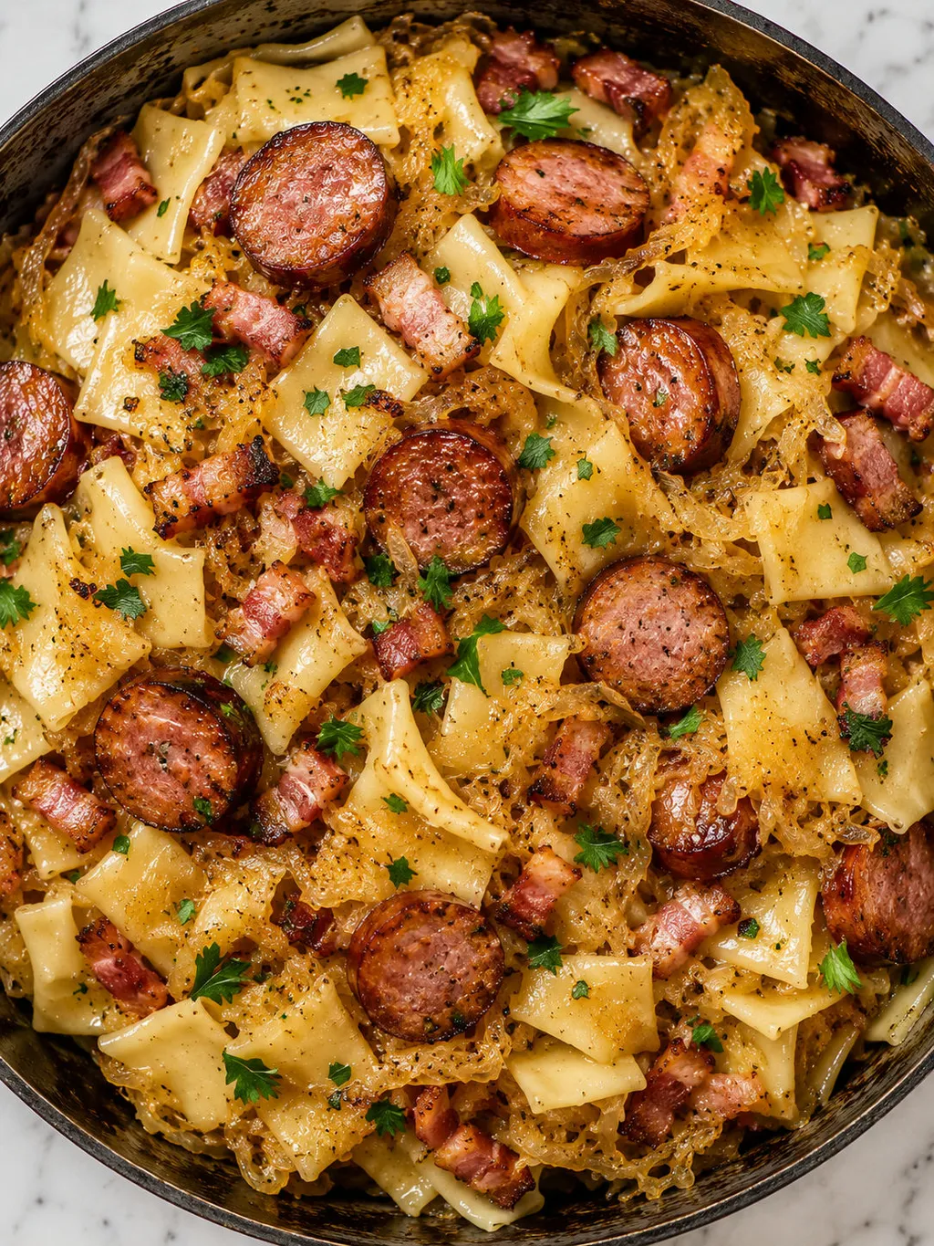 Top-down skillet of Polish łazanki with sauerkraut, kielbasa, and bacon