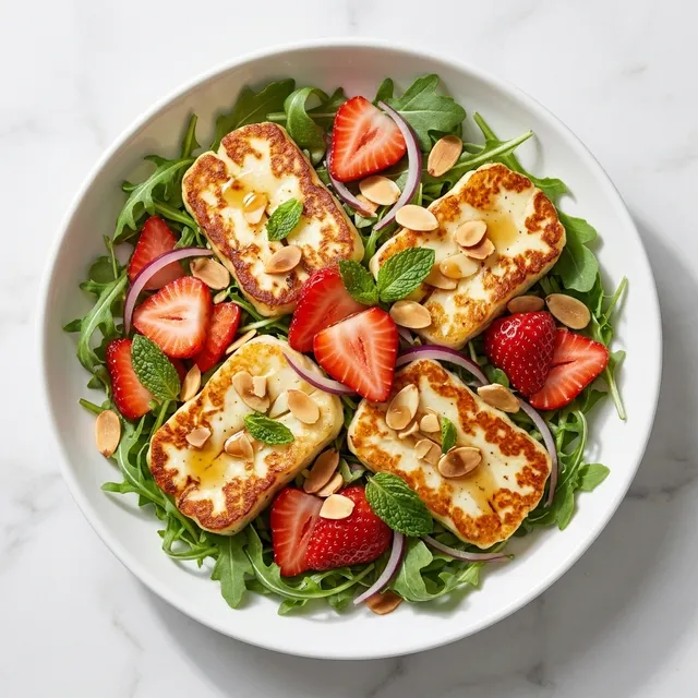 Grillowana sałatka z truskawkami, serem halloumi, rukolą i miodowym balsamico