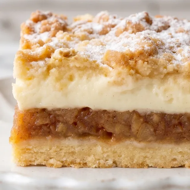 Slice of Polish apple pie with vanilla custard layer and golden crumble topping