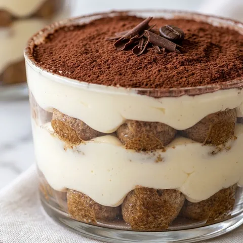 Tiramisu w pucharku z warstwami biszkoptów i kremu mascarpone posypane kakao