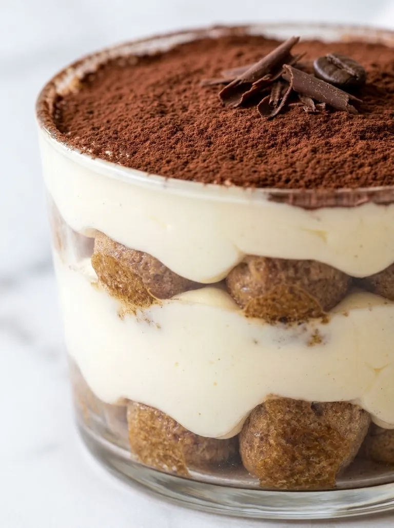 Warstwowe tiramisu w szklanym pucharku z kakao i wiórkami czekolady