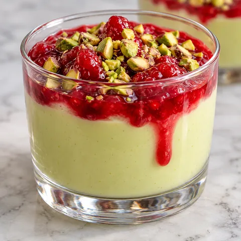 Pistacjowa panna cotta w szklance z sosem malinowym i pistacjami