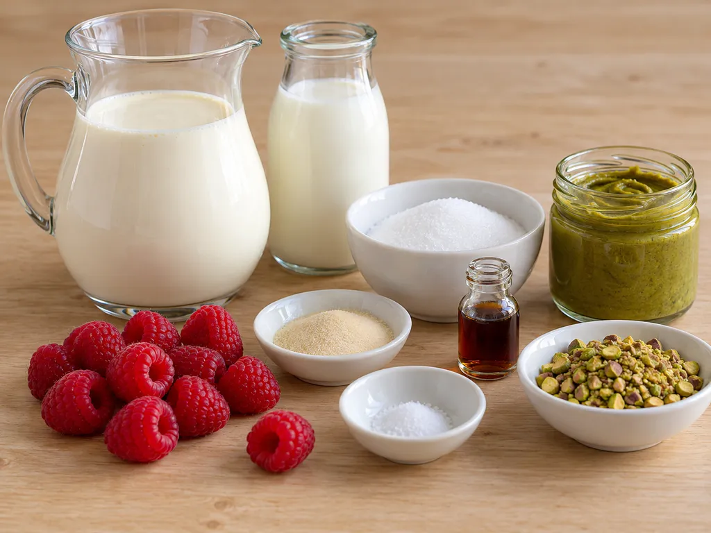 Składniki na pistacjową panna cottę: śmietana, mleko, pasta pistacjowa, żelatyna