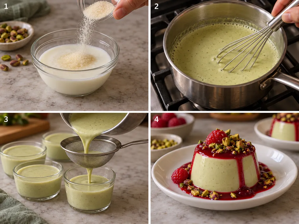 Etapy przygotowania pistacjowej panna cotty od żelatyny do podania