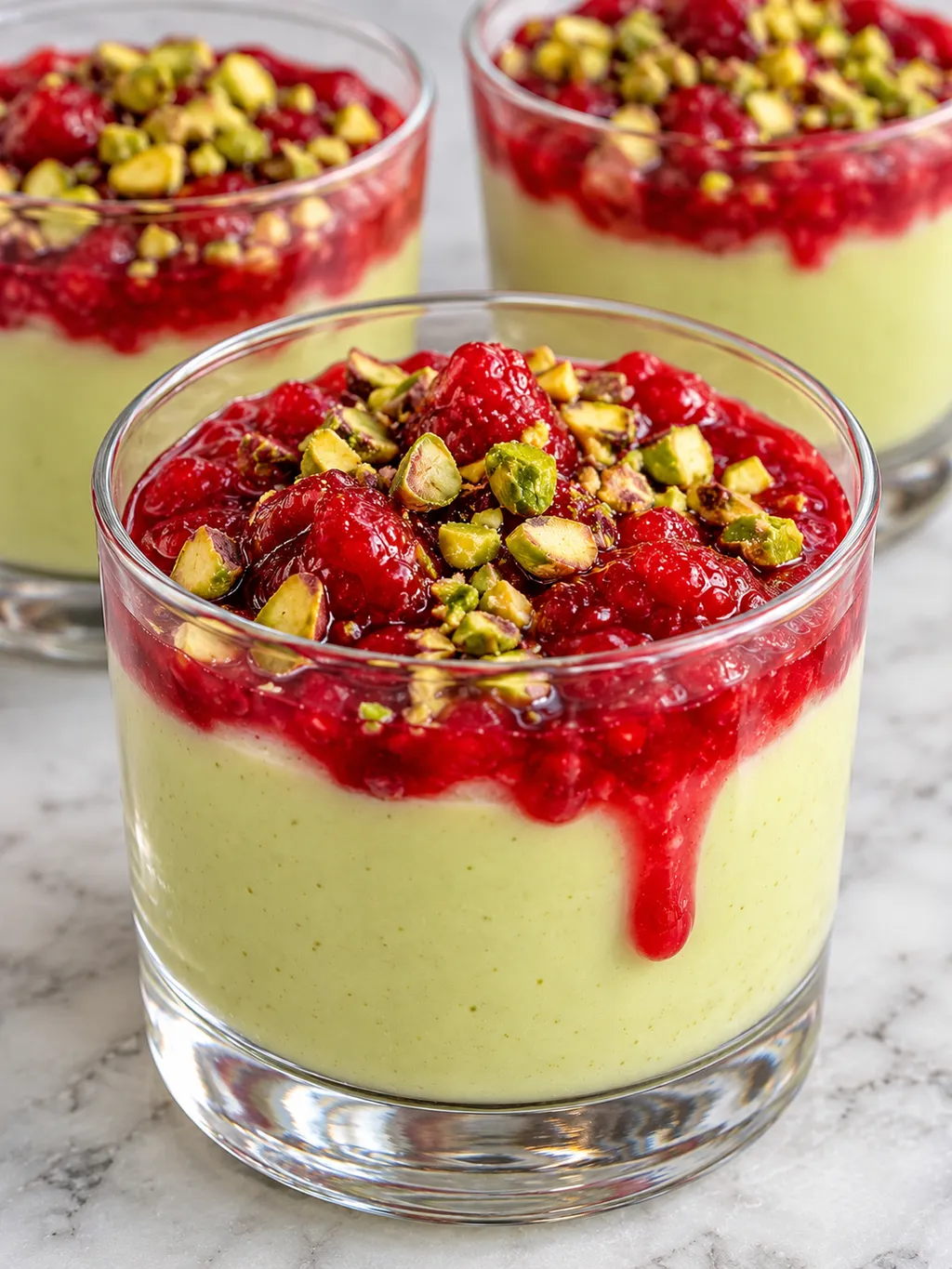 Pistacjowa panna cotta w szklankach z sosem malinowym i pistacjami