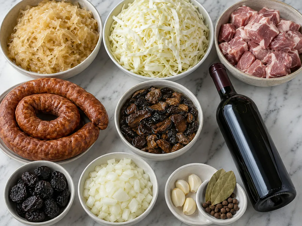 Raw ingredients for Polish bigos including sauerkraut, pork, kielbasa and mushrooms