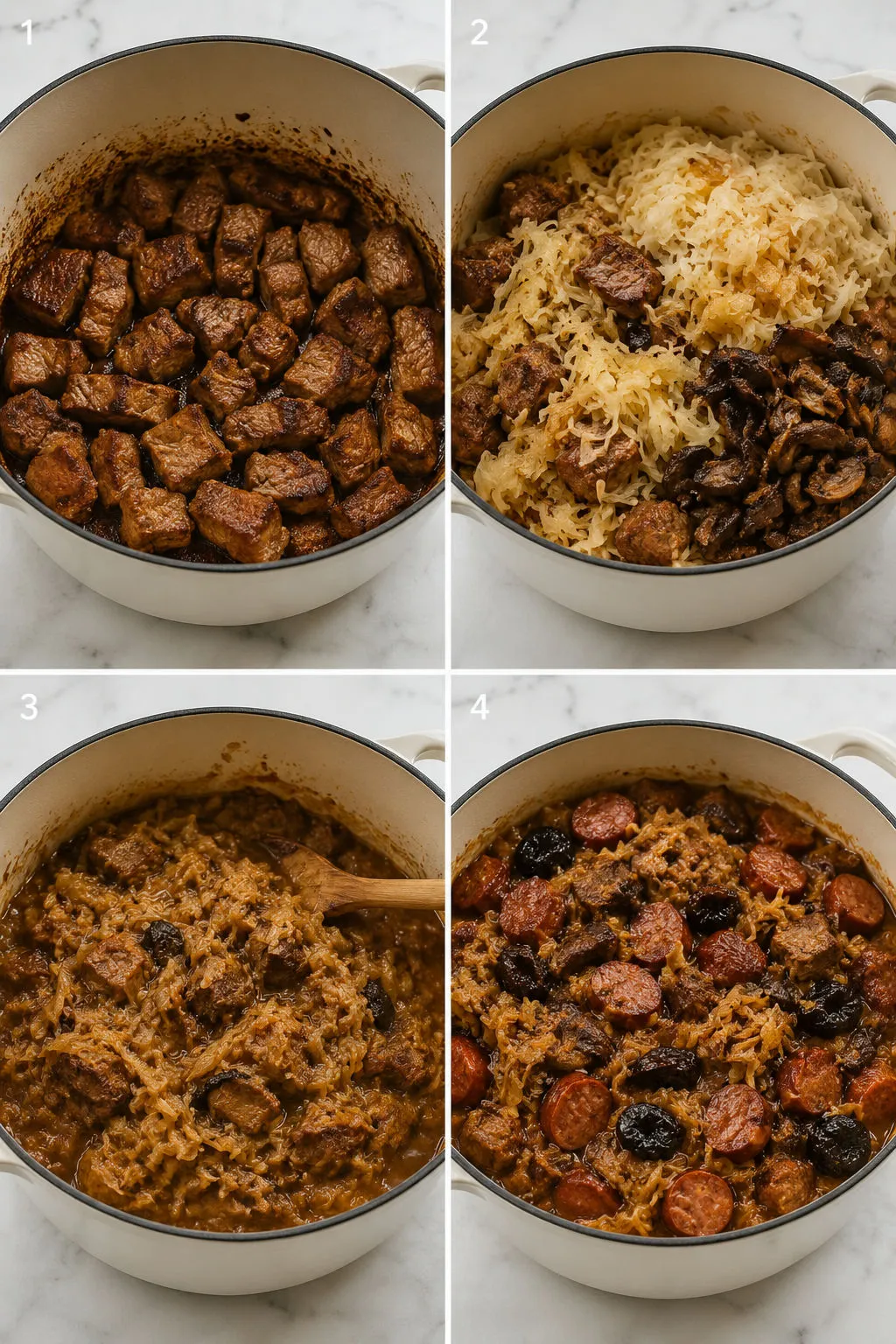 Four steps of cooking Polish bigos from searing pork to the finished stew