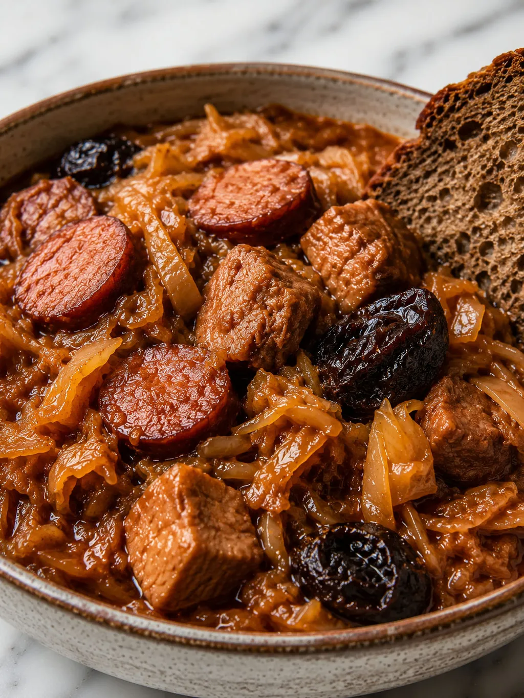 Close-up bowl of Polish bigos stew with pork, kielbasa and rye bread