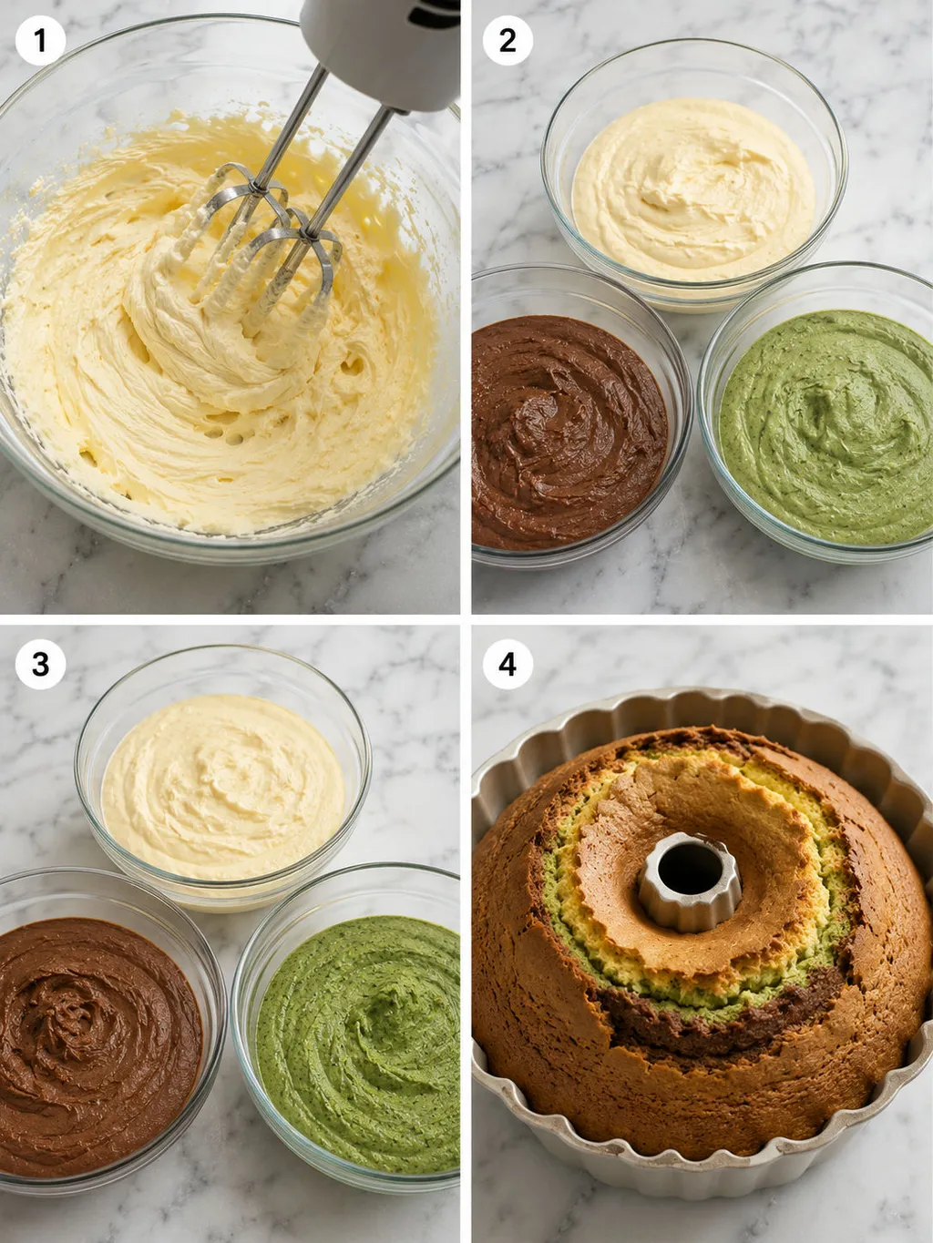 Four steps of making a three-color spinach bundt cake from mixing to unmolding