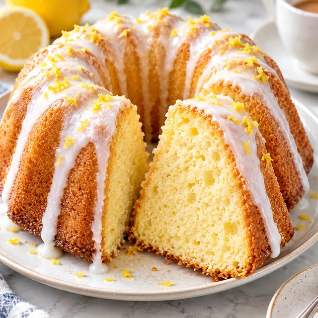 Babka jogurtowa z cytrynowym lukrem i odkrojonym kawałkiem