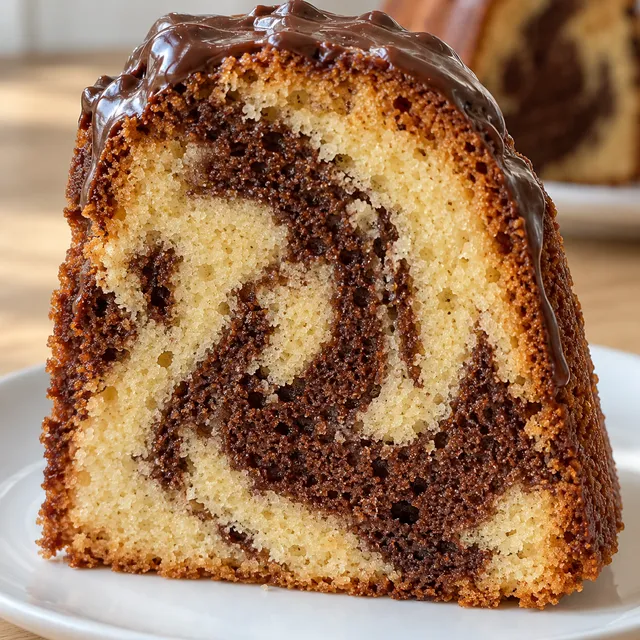 Pokrojona babka łaciata z marmurkowym wzorem i czekoladową polewą na talerzu
