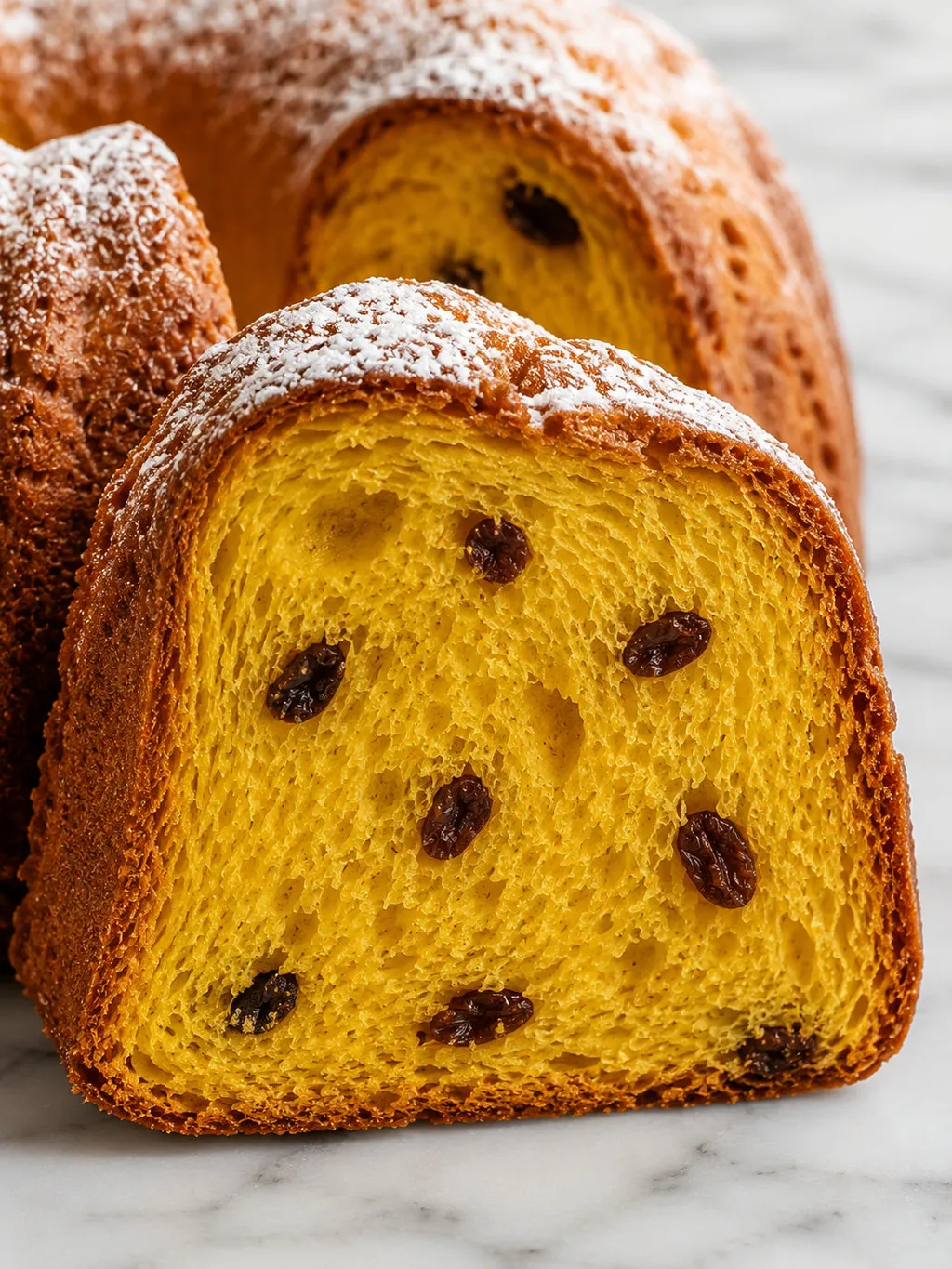 Sliced saffron babka cake showing fluffy golden crumb studded with raisins