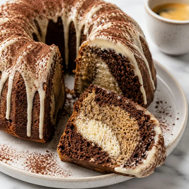 Sliced tricolor coffee babka with mascarpone cream and cocoa dusting on a wooden table