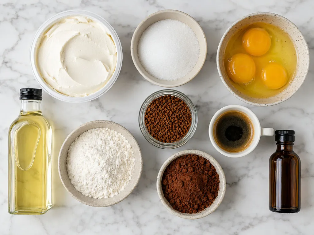 Raw ingredients for tiramisu babka including mascarpone, eggs, cocoa and espresso