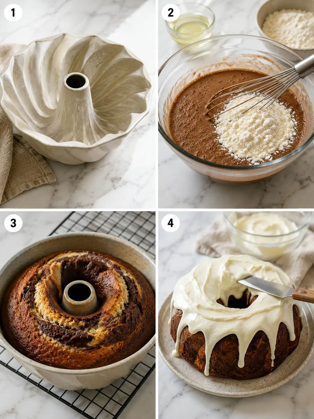 Four steps of making a marbled coffee and cocoa babka from batter to soaking
