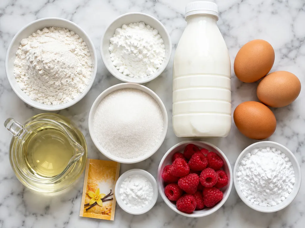 Raw ingredients for vanilla raspberry kefir babka including flour, kefir, eggs and raspberries