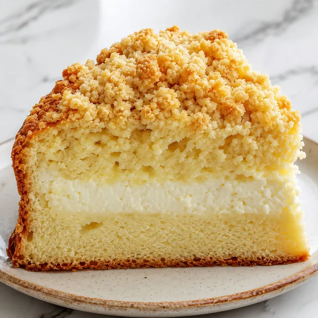 Sliced Polish cheese babka with creamy farmer's cheese filling and buttery crumble topping