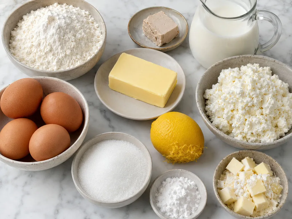 Raw ingredients for Polish cheese babka including farmer's cheese, flour, butter and eggs