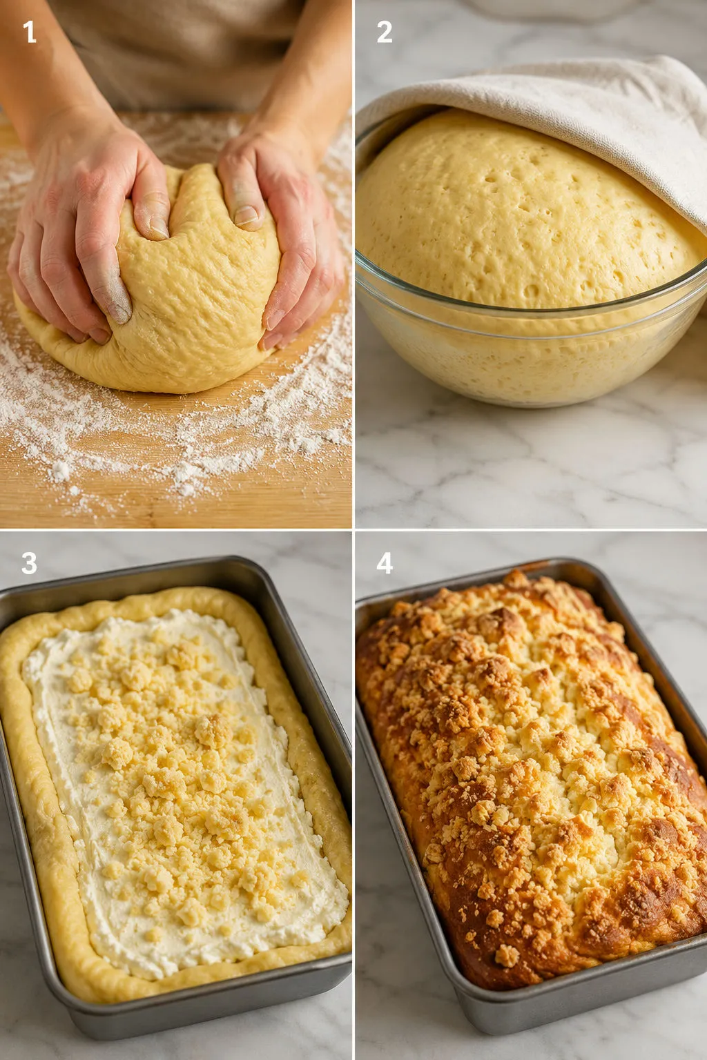 Four steps of making Polish cheese babka from kneading dough to the baked cake
