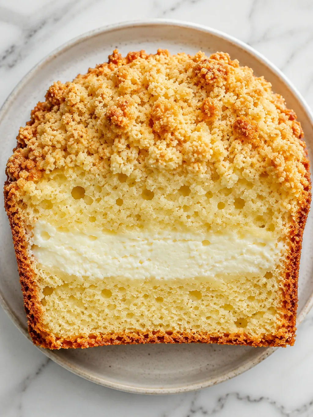 Close top-down view of Polish cheese babka slice with cheese filling and crumble