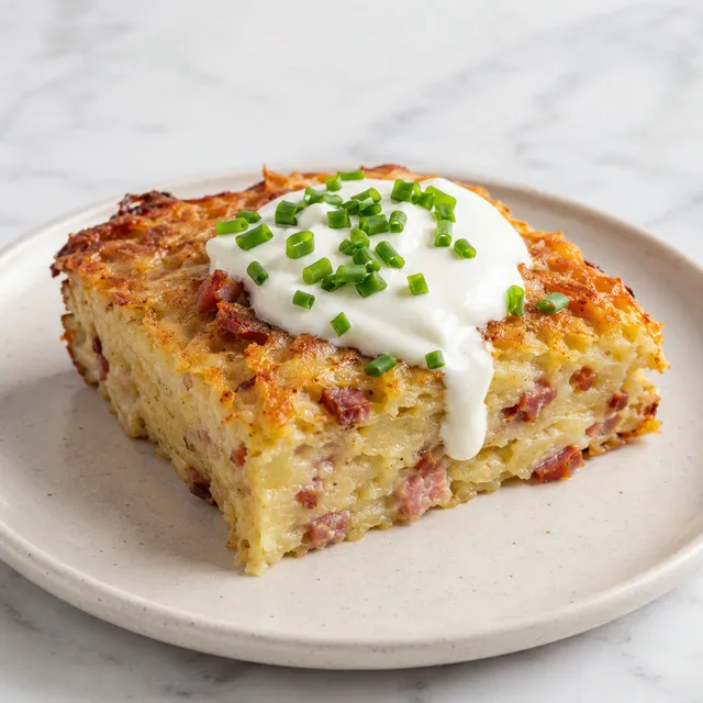 Sliced potato babka with bacon and sausage topped with sour cream and chives