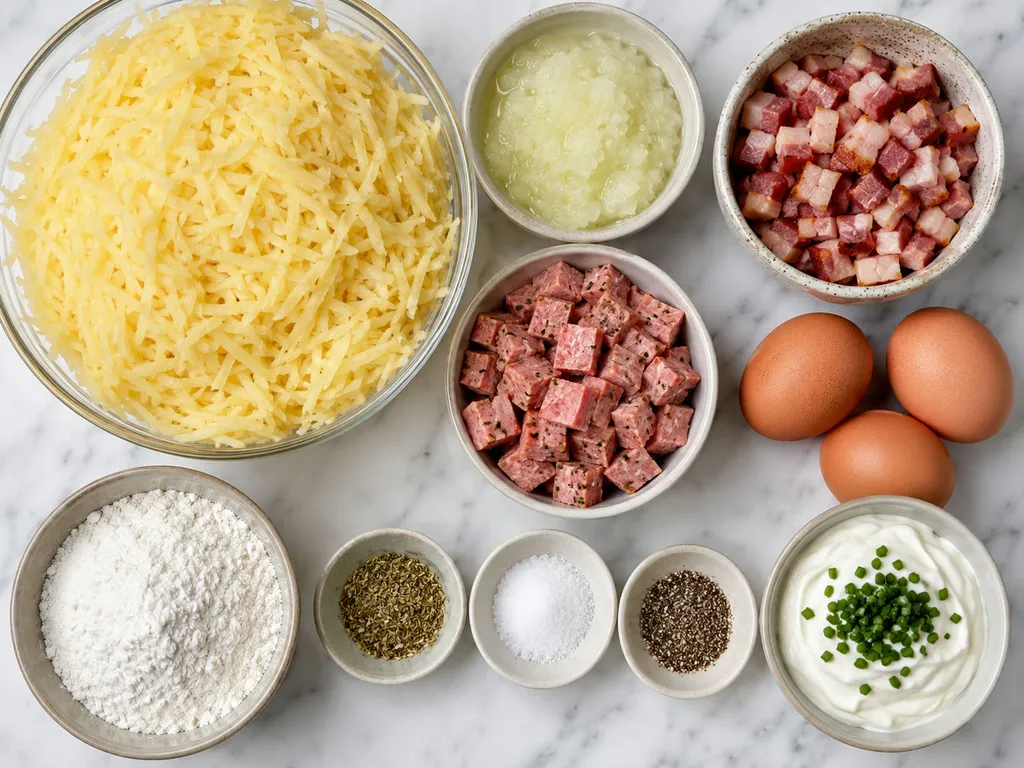 Raw grated potatoes, bacon, sausage, eggs and flour for potato babka