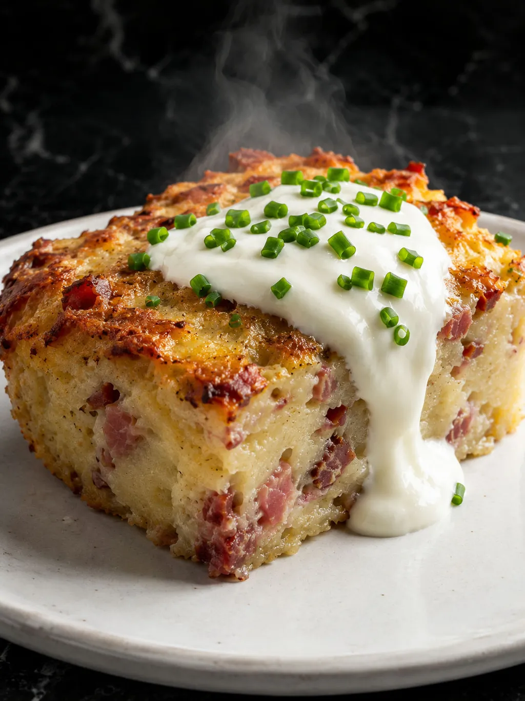 Close-up slice of potato babka with crispy crust, sour cream and chives