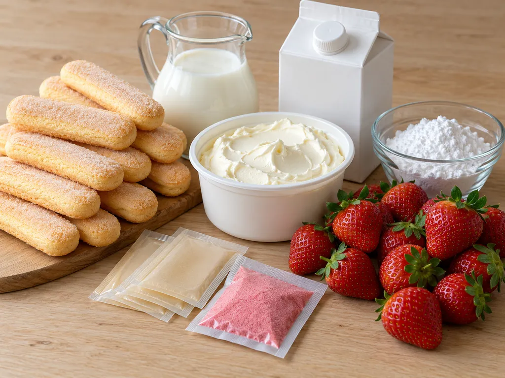 Surowe składniki na banalne ciasto bez pieczenia: biszkopty, mascarpone, śmietanka i truskawki
