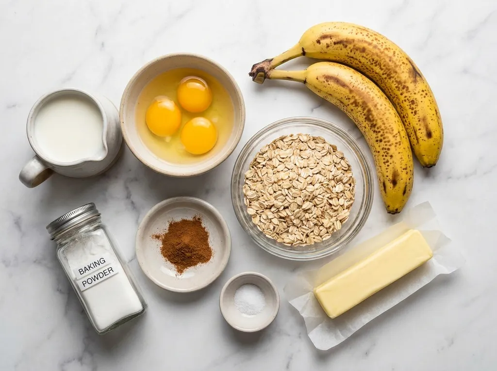 Raw ingredients for banana oat pancakes including bananas, oats, eggs and cinnamon