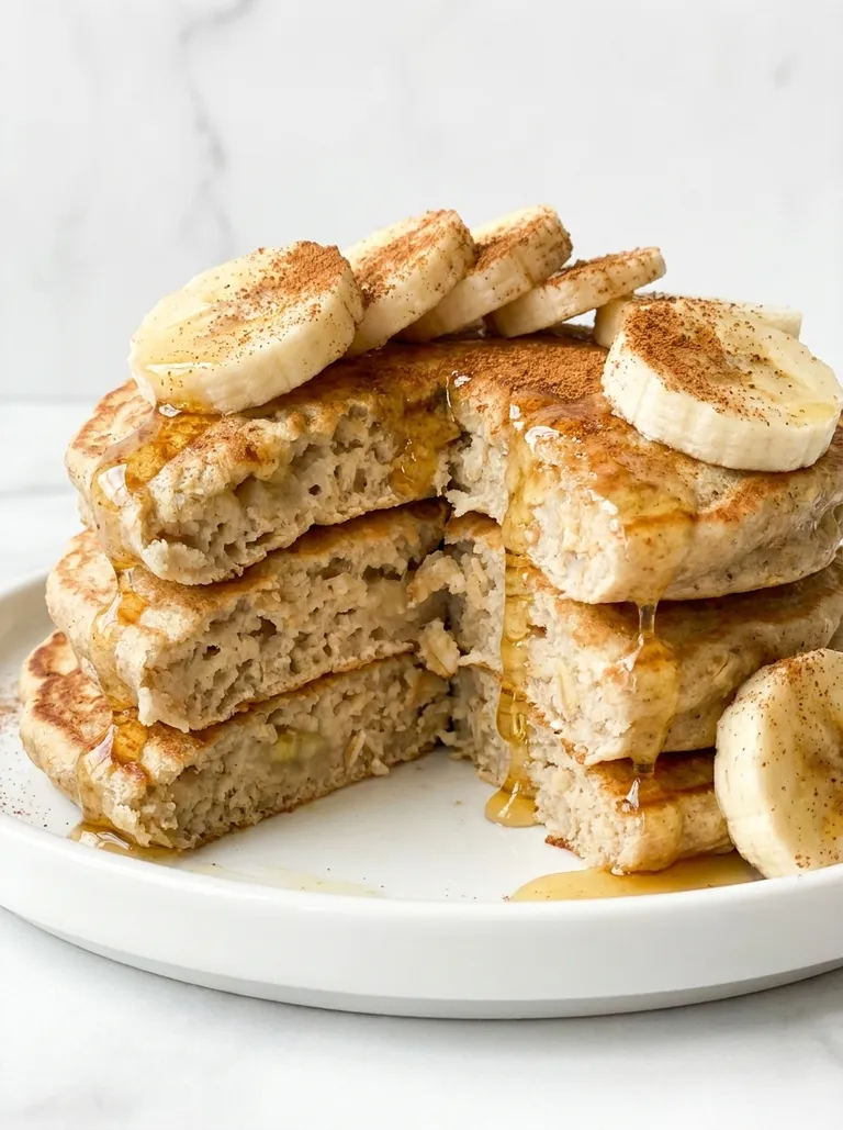 Close-up stack of banana oat pancakes with honey and banana slices