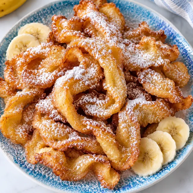Bananowy lany chrust z cukrem pudrem na jasnym talerzu