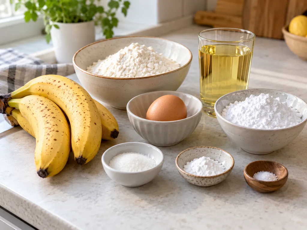 Składniki na bananowy lany chrust ułożone na jasnym blacie