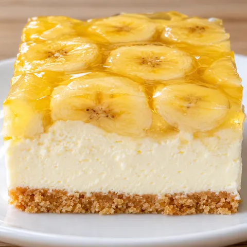 Kawałek sernika na zimno bananowego z plastrami banana pod cytrynową galaretką