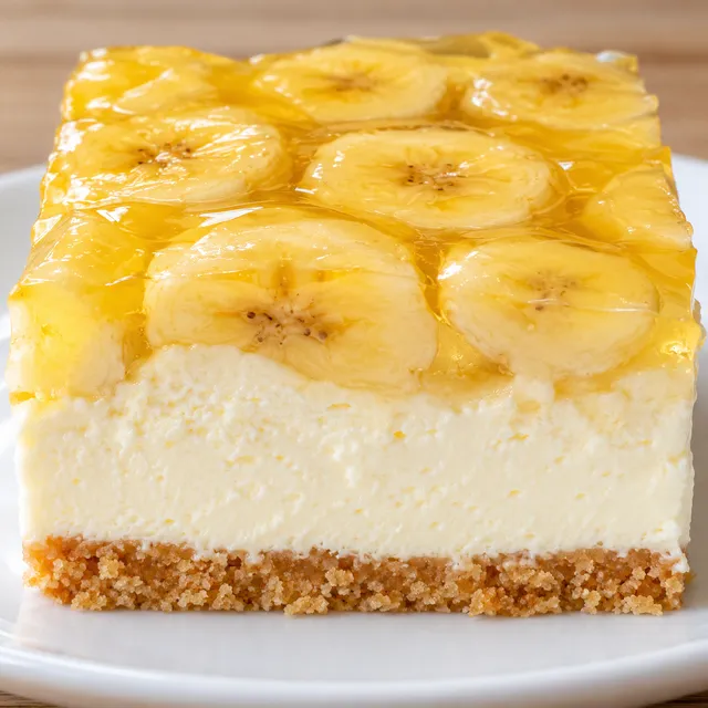 Kawałek sernika na zimno bananowego z plastrami banana pod cytrynową galaretką