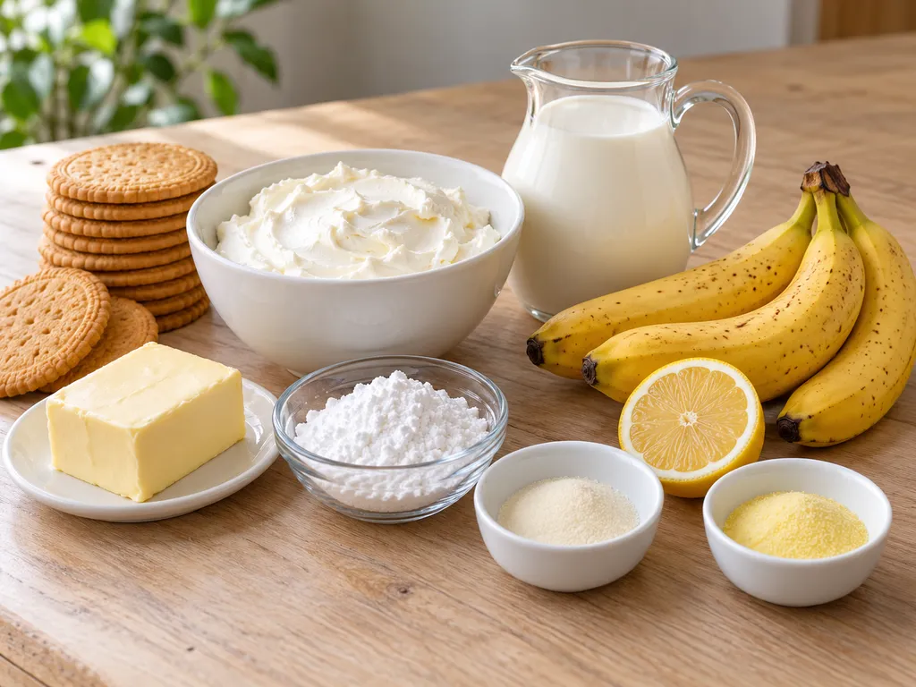 Składniki na sernik na zimno bananowy - twaróg, śmietana, banany i żelatyna