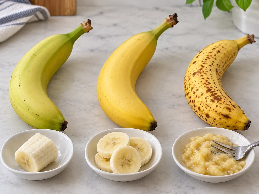 Trzy stopnie dojrzałości banana zestawione z kawałkiem miąższu, plasterkami i rozgniecioną porcją.