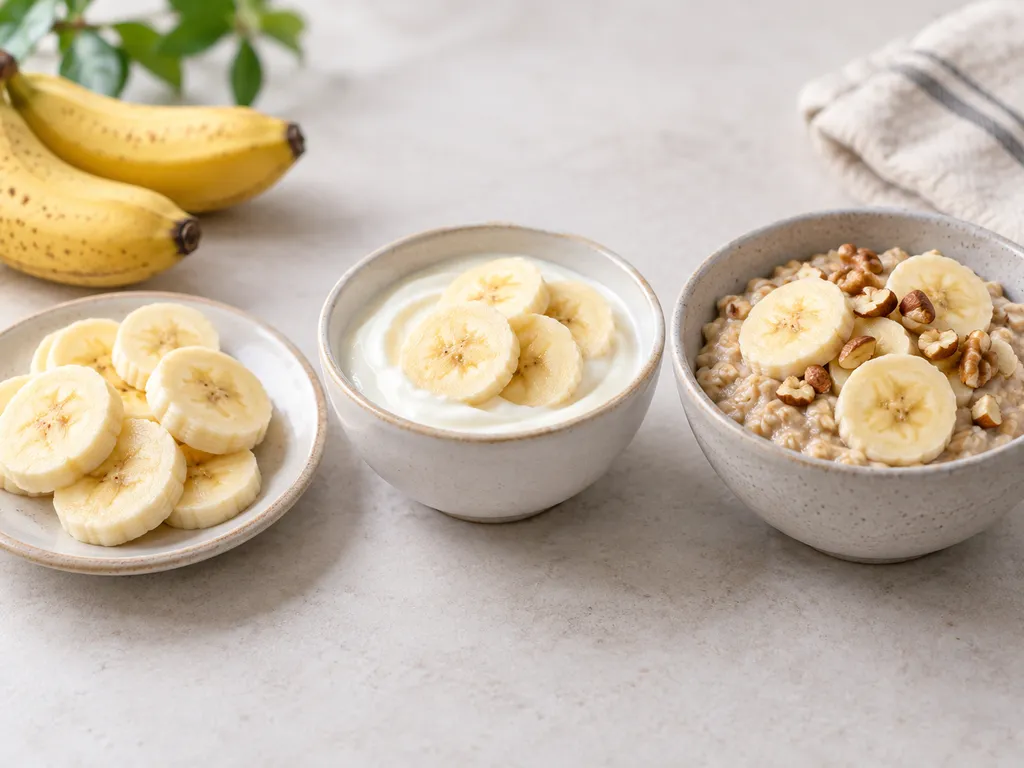 Plasterki banana, jogurt z bananem oraz owsianka z bananem i kawałkami orzechów w osobnych naczyniach.