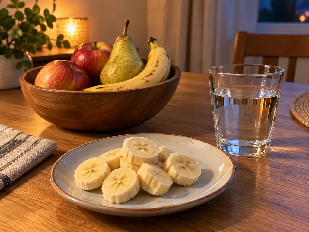 Mała porcja banana na talerzu, szklanka wody oraz miska różnych owoców w głębi stołu.