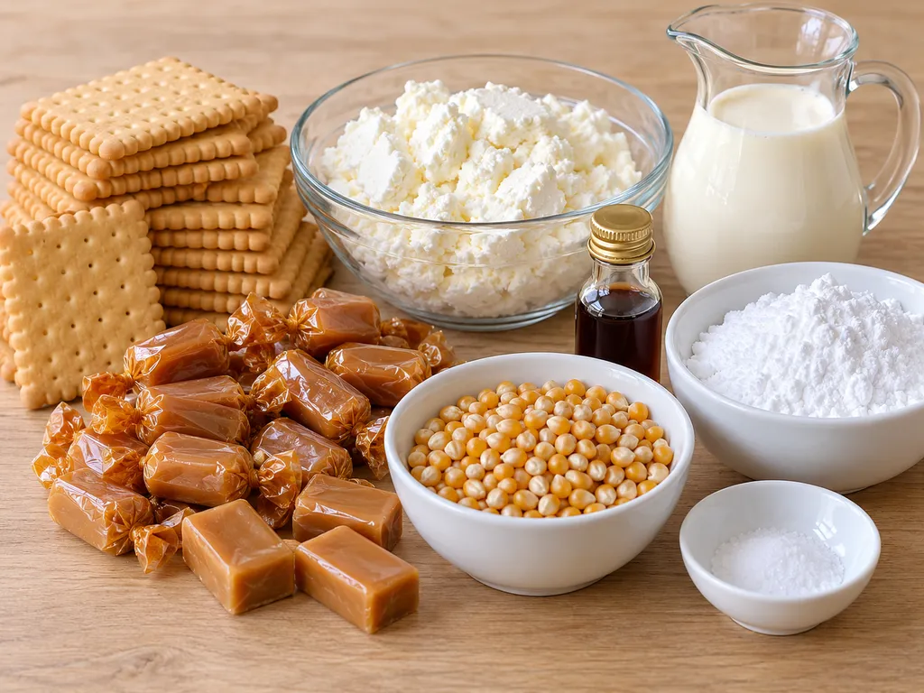 Składniki na ciasto toffi z popcornem: herbatniki, twaróg, śmietana i cukierki toffi