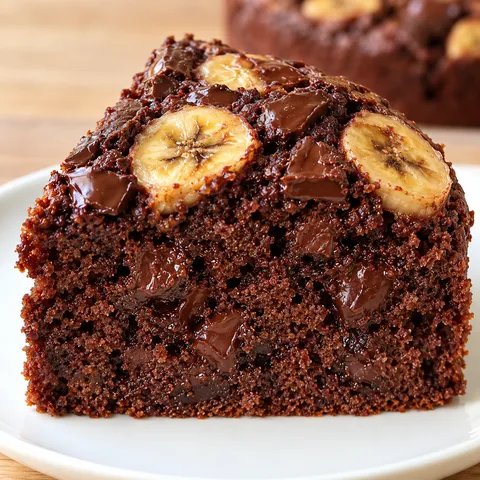 Kawałek czekoladowego ciasta bananowego bez glutenu z plasterkami banana