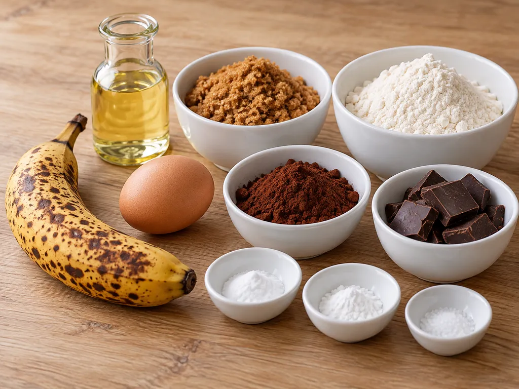 Składniki na bezglutenowe ciasto bananowo-czekoladowe na drewnianym stole