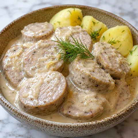 Biała kiełbasa pokrojona w plastry w kremowym sosie chrzanowym z koperkiem