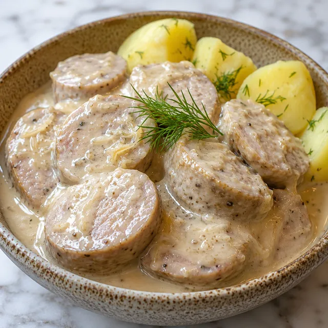 Biała kiełbasa pokrojona w plastry w kremowym sosie chrzanowym z koperkiem