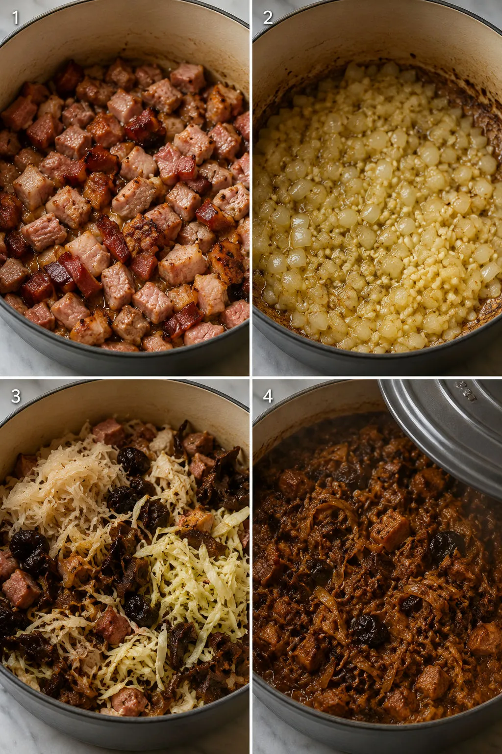 Four cooking steps of Polish bigos from browning meat to simmering stew