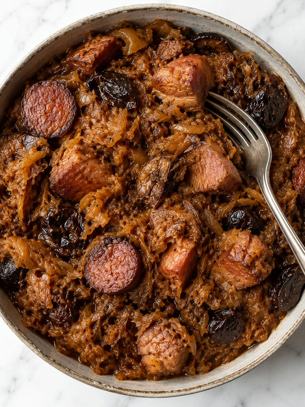Top-down bowl of dark Polish bigos stew with sausage and cabbage